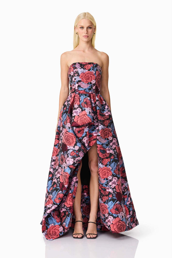Blonde model wearing Delphine Strapless Gown in Pink & Black Floral front shot
