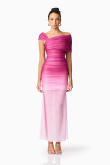 Brunette model wearing the Brigitta Maxi Dress in Pink front shot