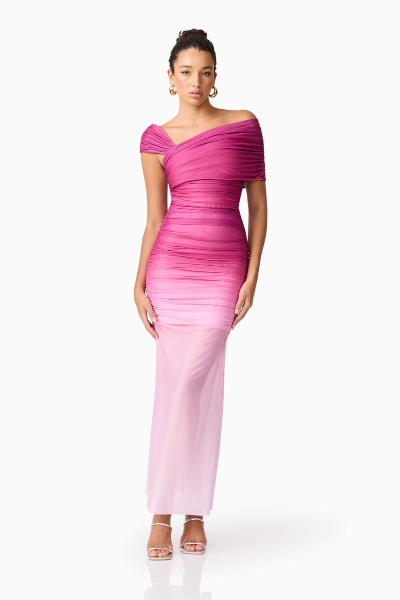 Brunette model wearing the Brigitta Maxi Dress in Pink posed shot