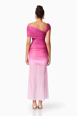 Brunette model wearing the Brigitta Maxi Dress in Pink back shot