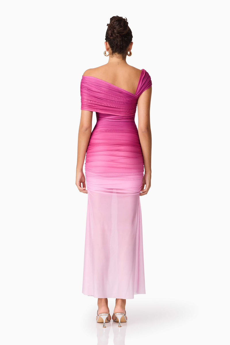 Brunette model wearing the Brigitta Maxi Dress in Pink back shot