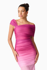 Brunette model wearing the Brigitta Maxi Dress in Pink close up shot