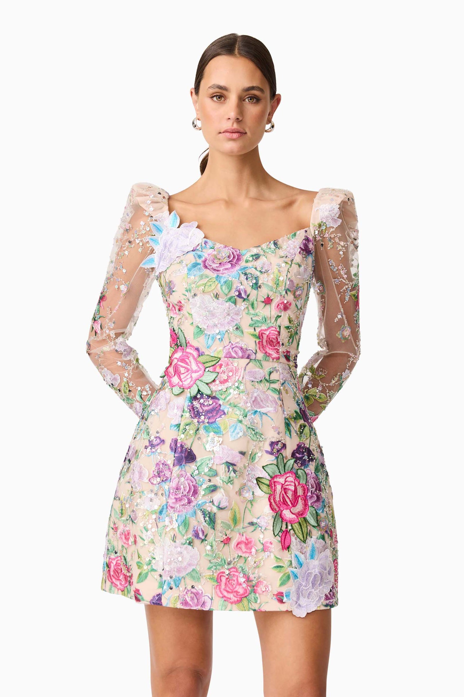 Eliska Long Sleeve Mini Dress in Floral - Embroidered Mesh Sequin Fabrication Elliatt Eliska Long Sleeve Mini Dress in Floral - Embroidered Mesh Sequin Fabrication Elliatt