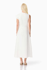 Brunette model wearing the Rafaela Midi Dress in White back shot