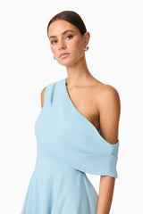 Brunette model wearing Elinor One Shoulder Mini Dress in Blue detail shot