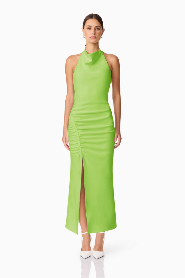 Brunette model wearing Nerissa Cowl Neck Maxi Dress in Green front shot