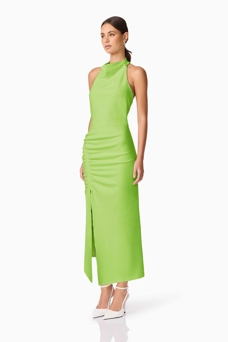 Brunette model wearing Nerissa Cowl Neck Maxi Dress in Green side shot