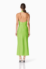 Brunette model wearing Nerissa Cowl Neck Maxi Dress in Green back shot