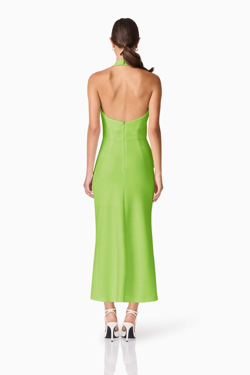 Brunette model wearing Nerissa Cowl Neck Maxi Dress in Green back shot