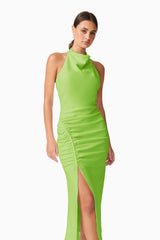 Brunette model wearing Nerissa Cowl Neck Maxi Dress in Green close up posed shot 