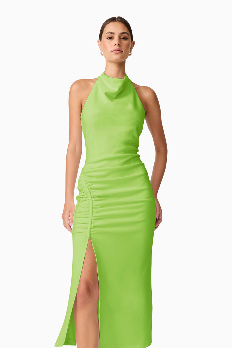 Brunette model wearing Nerissa Cowl Neck Maxi Dress in Green front posed shot