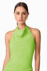 Brunette model wearing Nerissa Cowl Neck Maxi Dress in Green close up detail shot