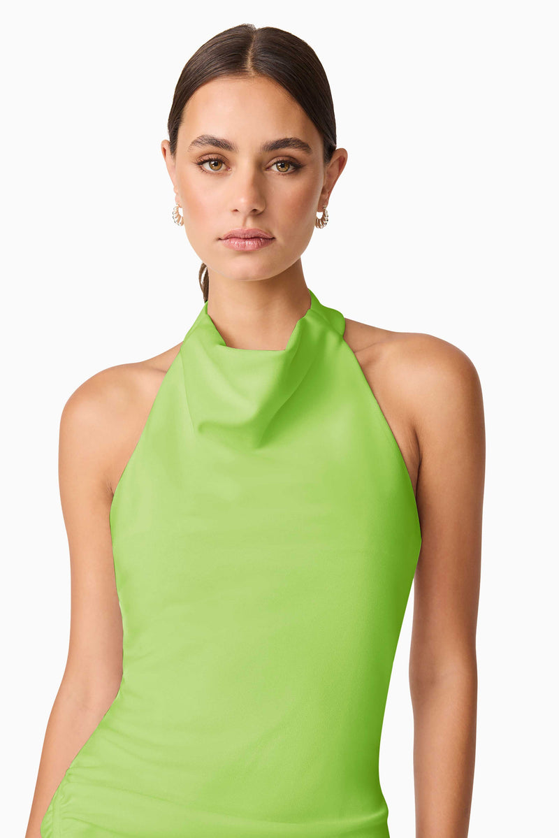 Brunette model wearing Nerissa Cowl Neck Maxi Dress in Green close up detail shot