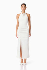 Brunette model wearing Nerissa Cowl Neck Maxi Dress in White front shot
