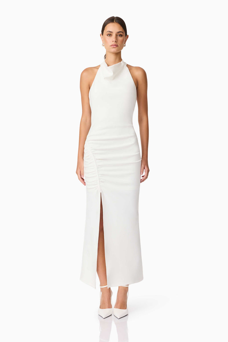 Brunette model wearing Nerissa Cowl Neck Maxi Dress in White front shot