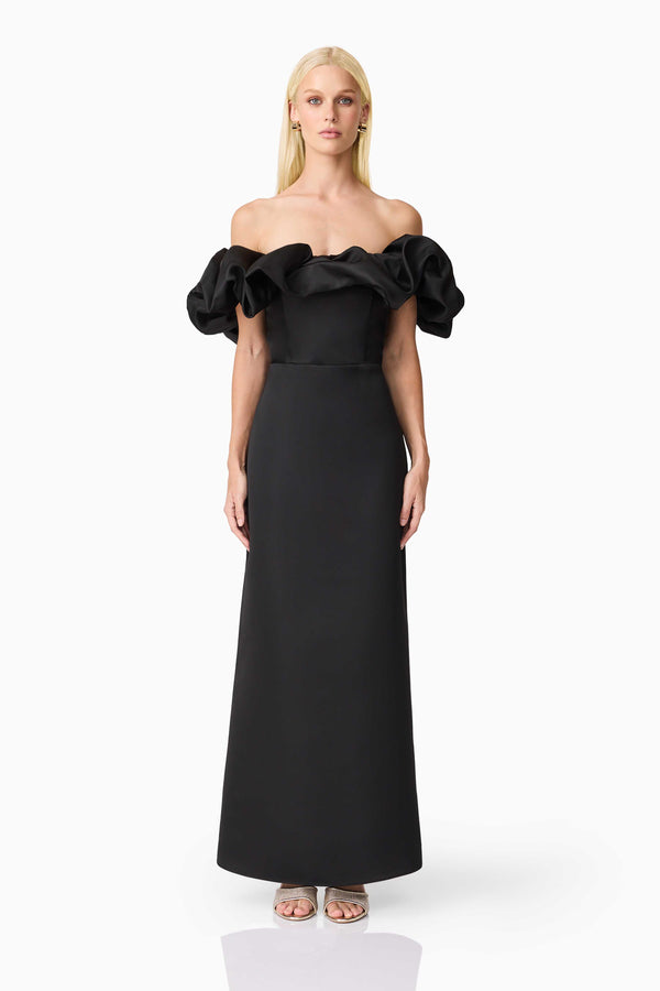 Blonde model wearing Sharon Off The Shoulder Midi Dress in Black front shot