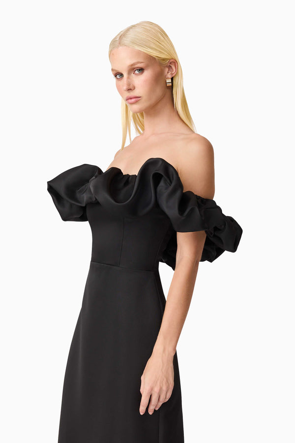 Blonde model wearing Sharon Off The Shoulder Midi Dress in Black close up shot
