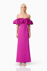 Blonde model wears Sharon Off The Shoulder Midi Dress in Purple front shot