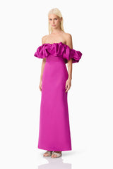 Blonde model wears Sharon Off The Shoulder Midi Dress in Purple side shot