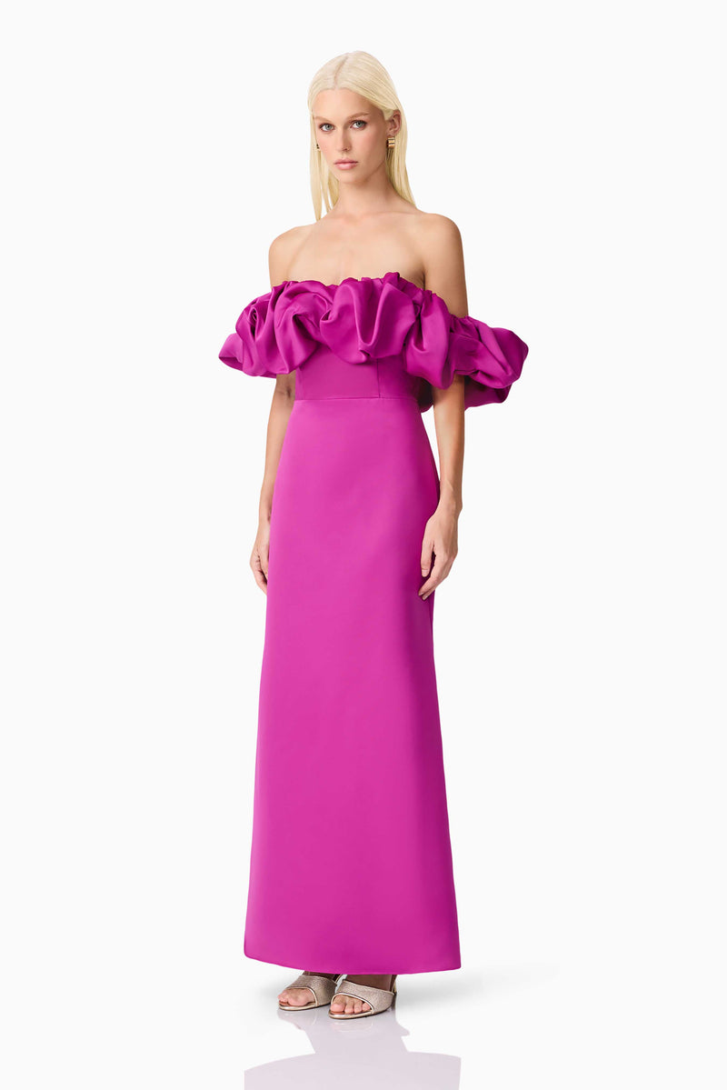 Blonde model wears Sharon Off The Shoulder Midi Dress in Purple side shot