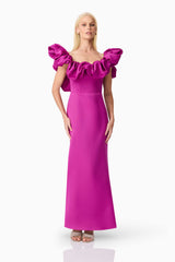 Blonde model wears Sharon Off The Shoulder Midi Dress in Purple posed shot