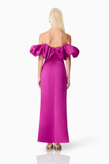 Blonde model wears Sharon Off The Shoulder Midi Dress in Purple back shot