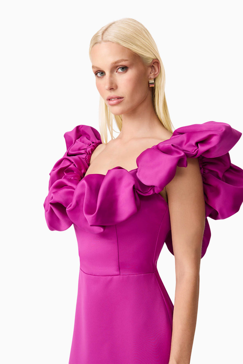 Blonde model wears Sharon Off The Shoulder Midi Dress in Purple close up shot