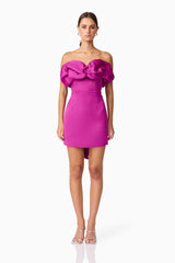 Brunette model wearing Sharon Strapless Mini Dress in Purple front shot