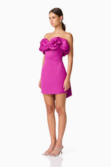 Brunette model wearing Sharon Strapless Mini Dress in Purple side shot