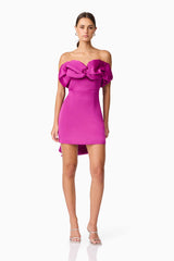 Brunette model wearing Sharon Strapless Mini Dress in Purple posed shot
