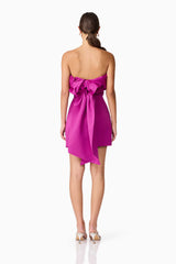 Brunette model wearing Sharon Strapless Mini Dress in Purple back shot