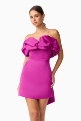 Brunette model wearing Sharon Strapless Mini Dress in Purple close up posed shot