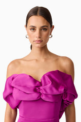 Brunette model wearing Sharon Strapless Mini Dress in Purple close up detail shot 