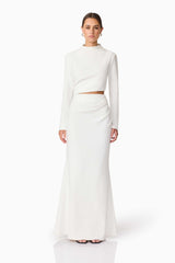 Brunette model wearing Nerissa Long Sleeve Gown in White Front Shot