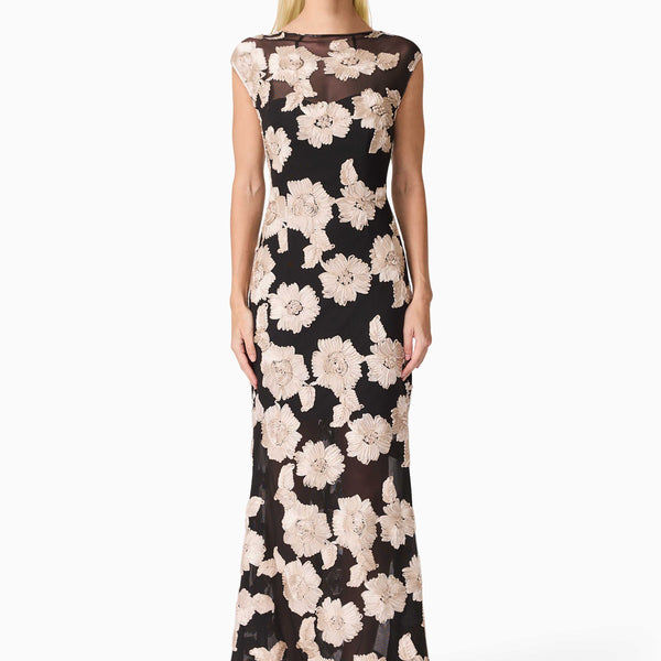 Margaux Fit & Flare Gown in Black & Gold Floral