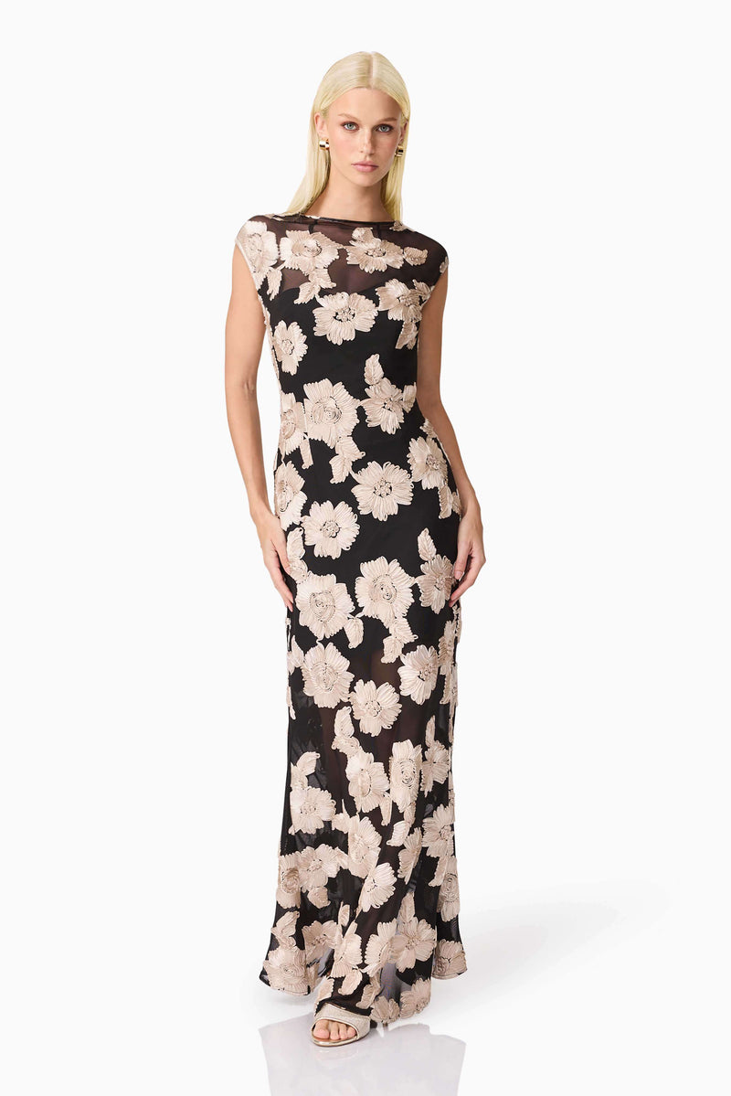 Margaux Fit & Flare Gown in Black & Gold Floral | Boat Neckline Detailing Elliatt Margaux Fit & Flare Gown in Black & Gold Floral | Boat Neckline Detailing Elliatt