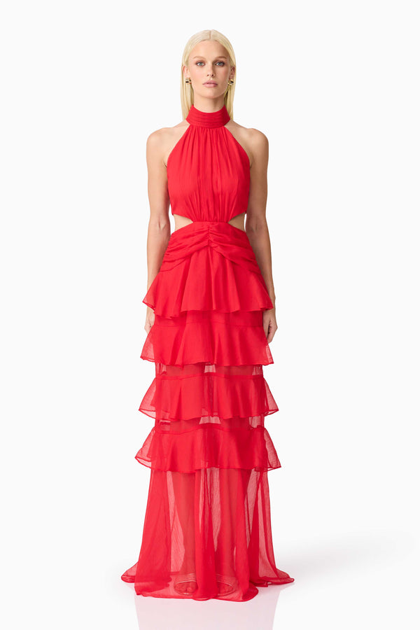 Blonde model wearing Lilja Halter Neck Maxi Dress in Red front shot