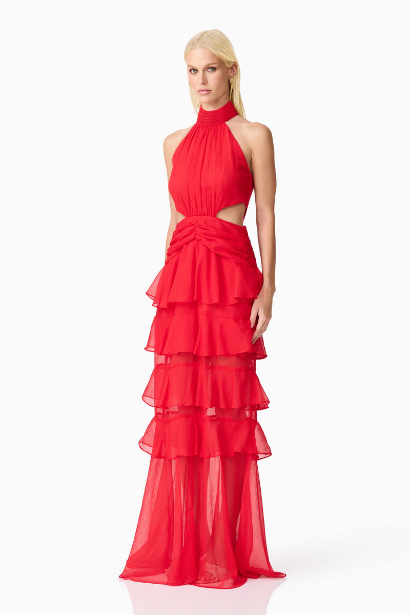 Blonde model wearing Lilja Halter Neck Maxi Dress in Red side shot