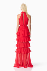 Blonde model wearing Lilja Halter Neck Maxi Dress in Red back shot