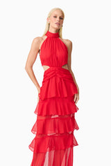 Blonde model wearing Lilja Halter Neck Maxi Dress in Red close up shot