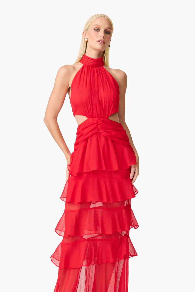 Blonde model wearing Lilja Halter Neck Maxi Dress in Red close up shot