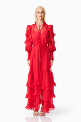Blonde model wearing Lilja Long Sleeve Maxi Dress in Red front shot