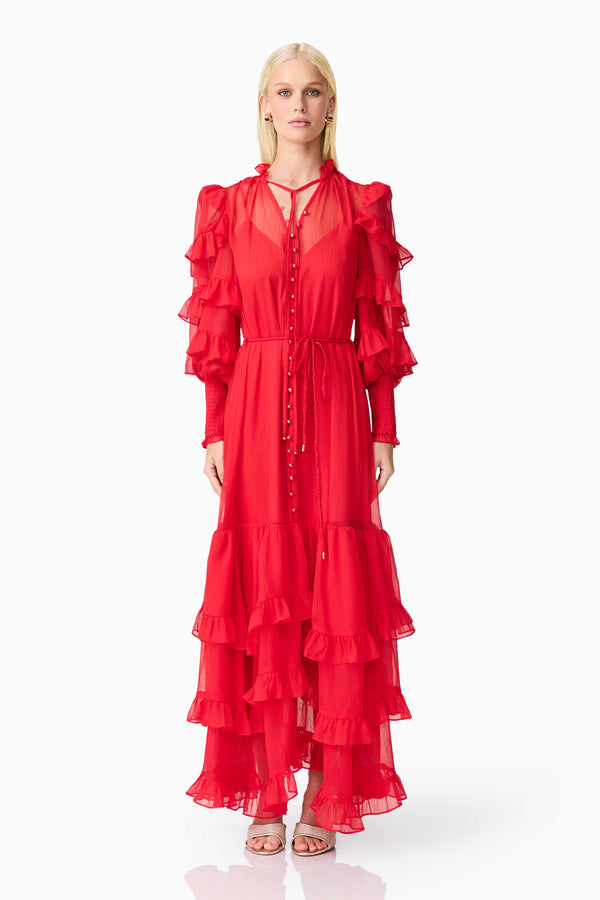 Blonde model wearing Lilja Long Sleeve Maxi Dress in Red front shot