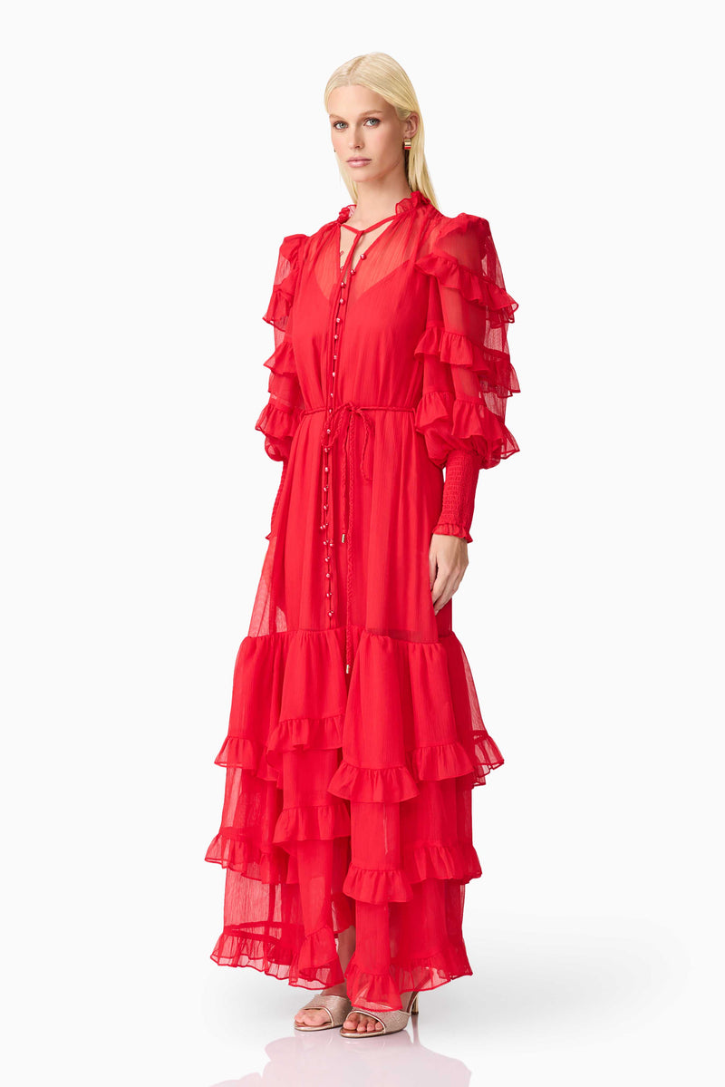 Blonde model wearing Lilja Long Sleeve Maxi Dress in Red side shot