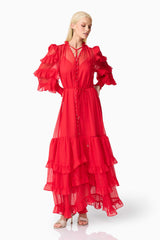 Blonde model wearing Lilja Long Sleeve Maxi Dress in Red posed shot