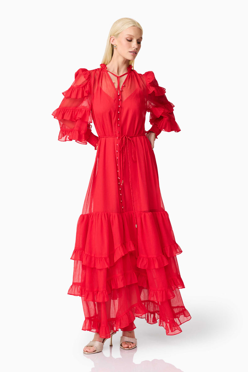 Blonde model wearing Lilja Long Sleeve Maxi Dress in Red posed shot