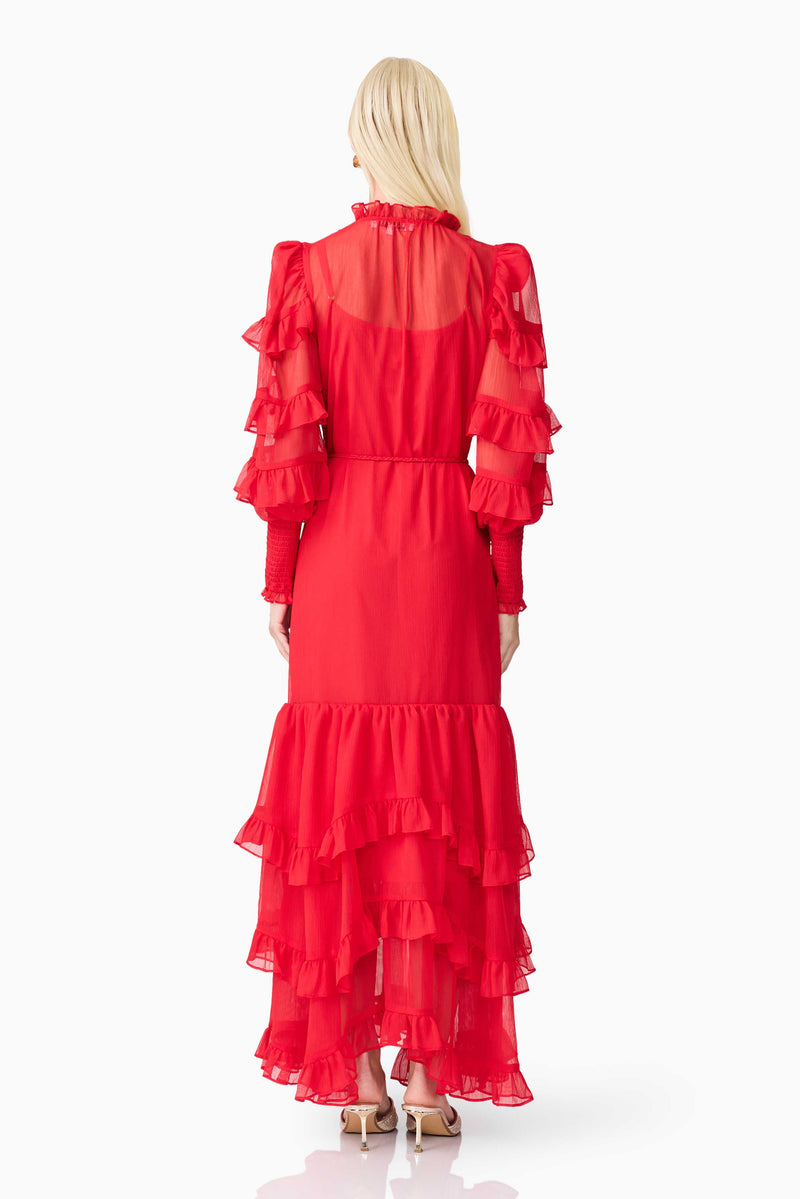 Blonde model wearing Lilja Long Sleeve Maxi Dress in Red back shot