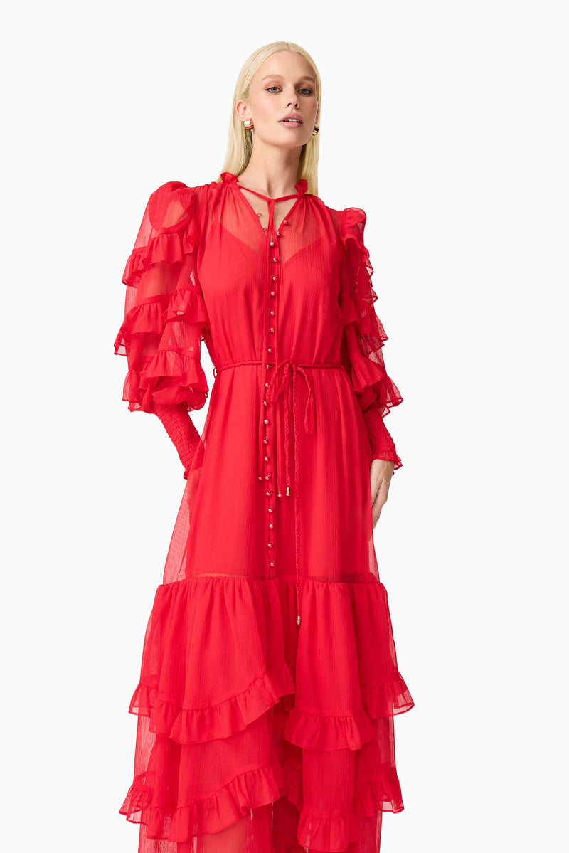 Blonde model wearing Lilja Long Sleeve Maxi Dress in Red close up shot