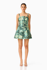 Meliora Tulip Mini Dress in Green Floral with floral jacquard front shot