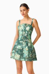 Meliora Tulip Mini Dress in Green Floral with floral jacquard close up shot